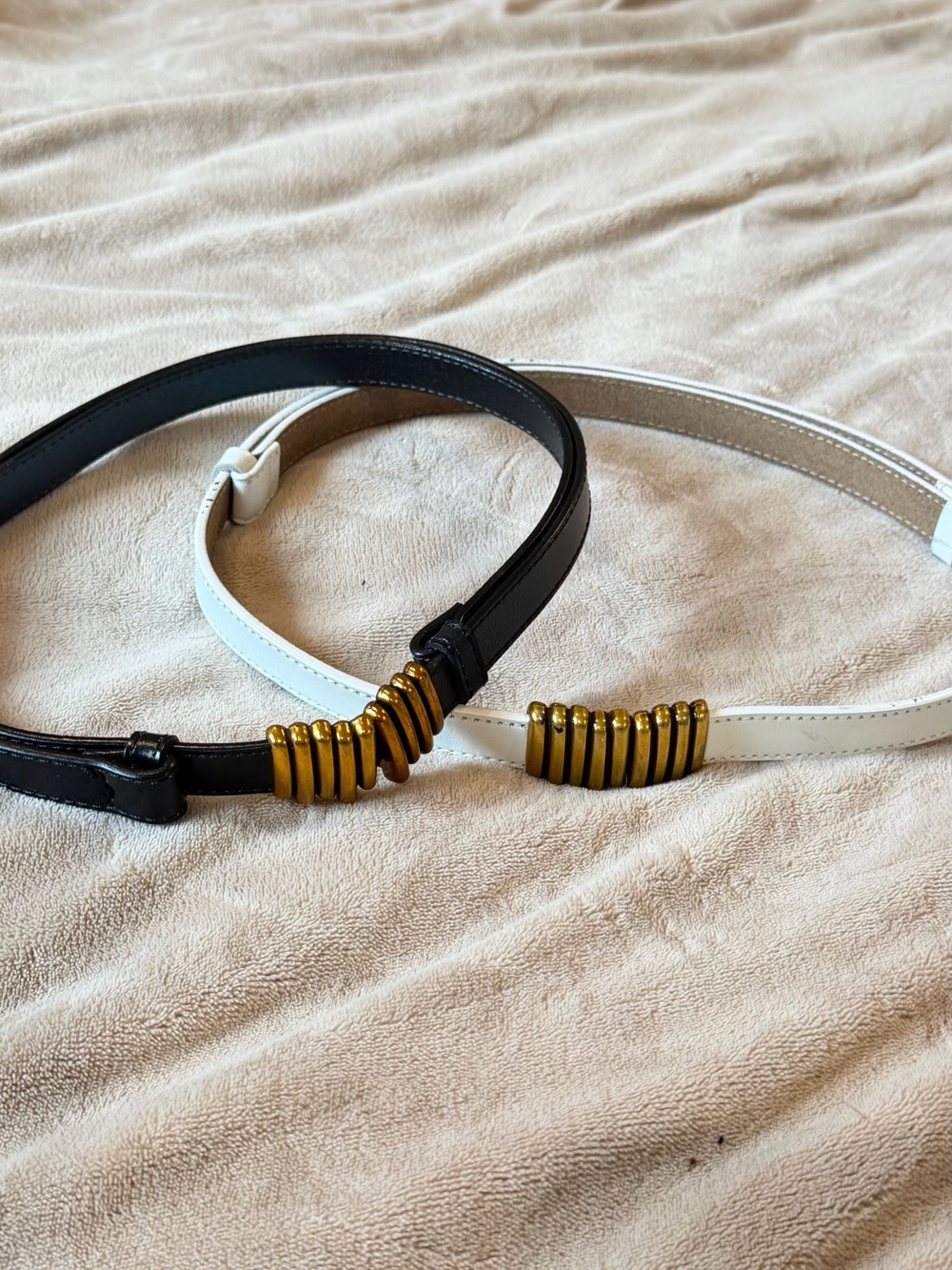 Black and White Women's Leather Belt with Gold Accent
